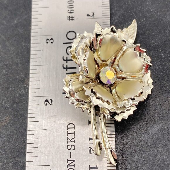 VINTAGE Silver tone metal AB rhinestone flower brooch 1950s 1960s statement pin - Picture 2 of 6
